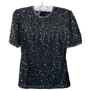 Black Beaded Top Short Sleeve Silver Sequins Bead Trim  Vintage Size Petite PP
